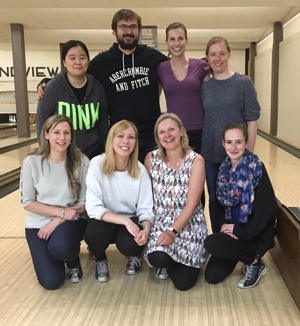 Group photo of lab team at bowling outing.